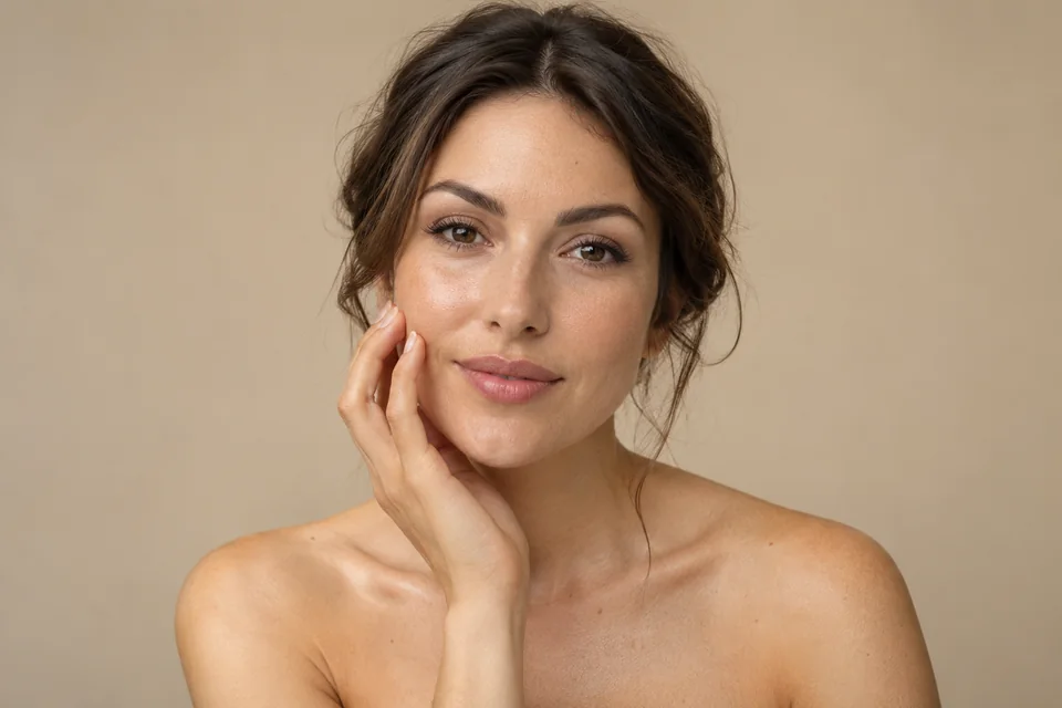 Portrait of a woman gently touching her cheek against a beige background