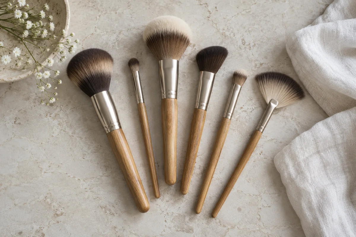 Gold-handled makeup brushes on a light textile