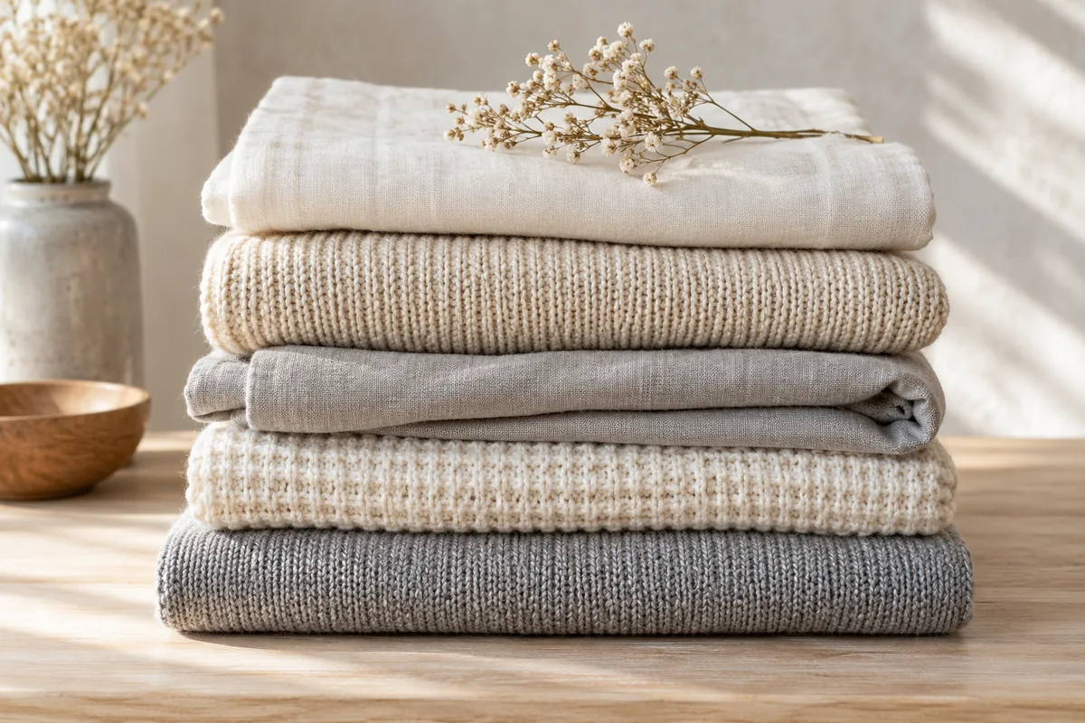 Stack of folded textiles in cream, beige and grey tones