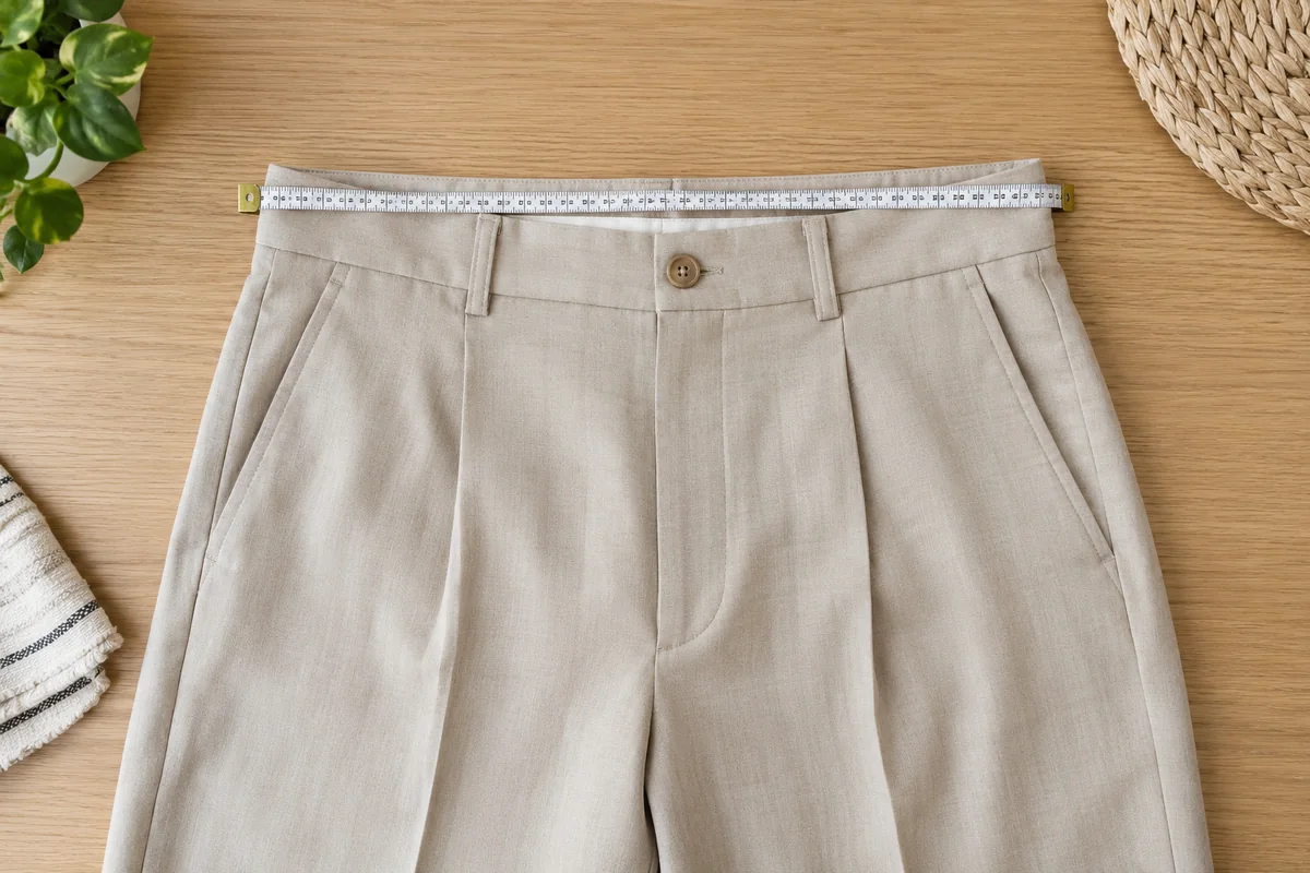 Tape measure across the waistband of beige trousers laid flat