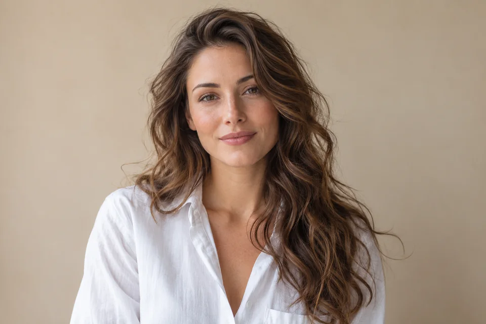 Woman with long wavy hair wearing a white shirt