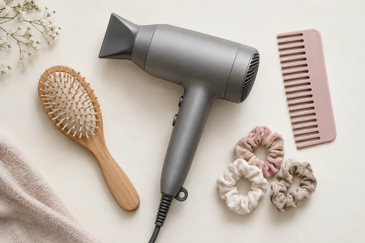 Hairdryer, brush, comb and hair ties on a light background
