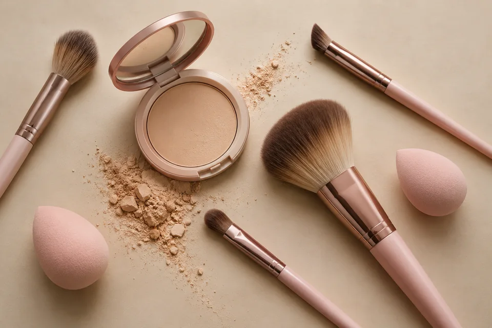 Pink makeup brushes, compact powder and sponges on a beige surface