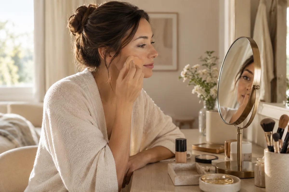 Femme se maquillant avec une éponge devant un miroir