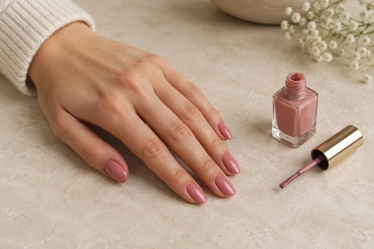 Main aux ongles vernis rose avec un flacon et son pinceau