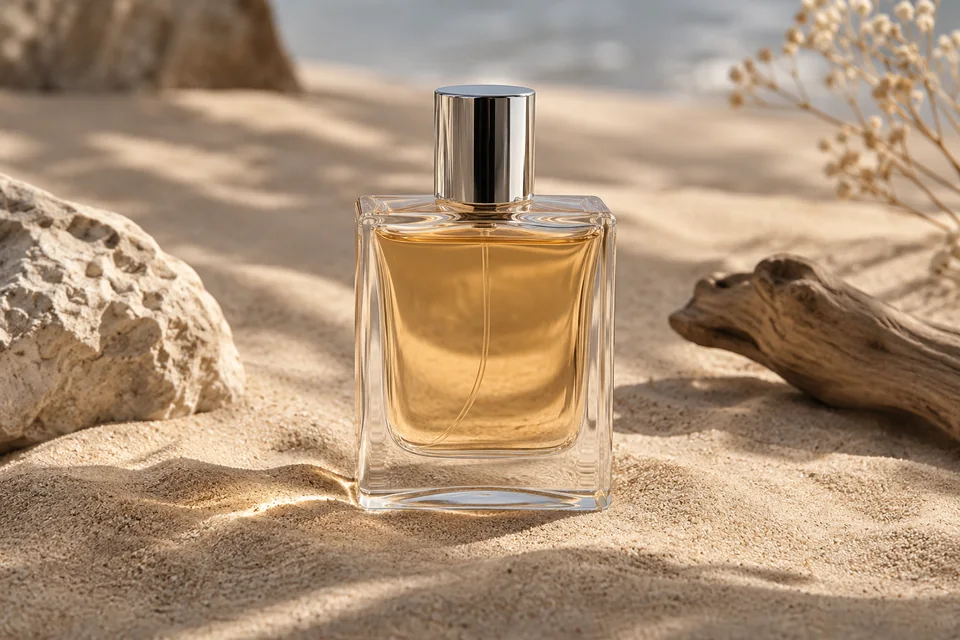 Flacon de parfum sans étiquette au bouchon argenté sur du sable beige