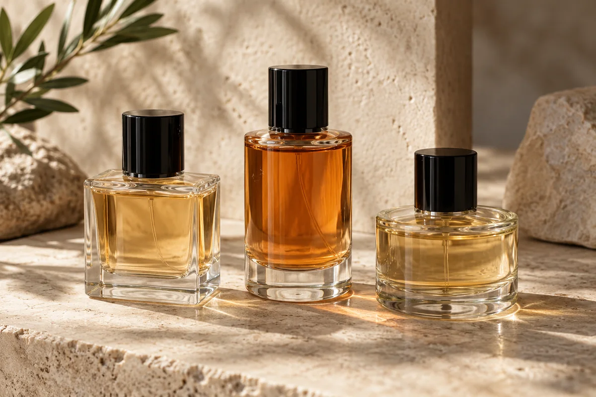Trois flacons de parfum sans étiquette aux bouchons noirs