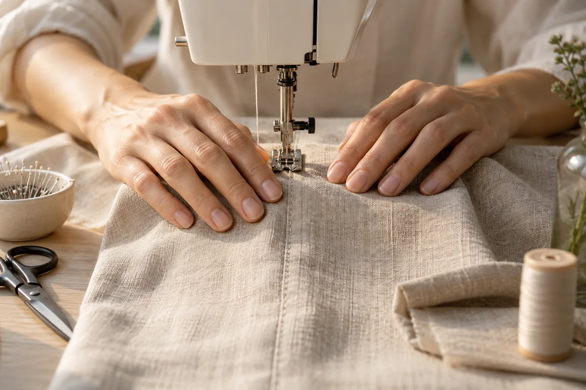 Hands guiding beige linen through a sewing machine