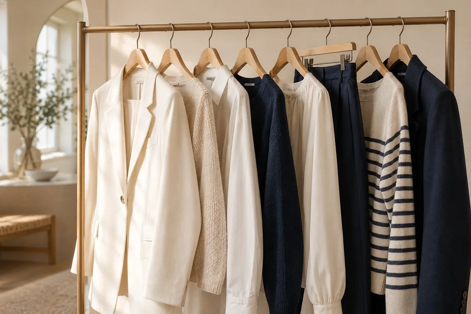 Cream and navy garments on wooden hangers